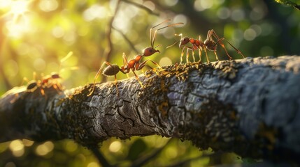 Poster - Macro shot of ants interacting on a tree branch