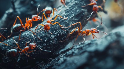 Poster - Macro shot of ants interacting on a tree branch