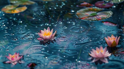 Aufkleber - Macro shot of raindrops creating patterns on the surface of a pond dotted with lotus flowers