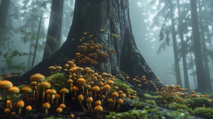 Aufkleber - Mushrooms sprouting from the damp soil around the base of a towering tree