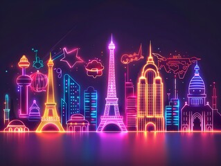 Poster - Neon Outlines of Famous Landmarks for Travel Accessories and Product Display Concept with Vivid Cityscape Background