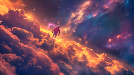 Wall Mural - Colorful space scene with a person riding a skateboard. Skateboarding in the cosmos, colorful clouds