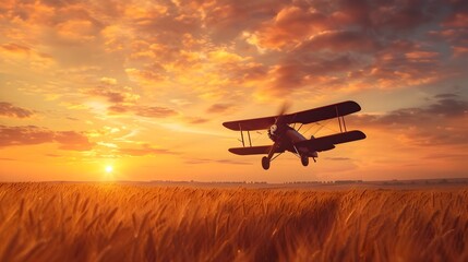 Wall Mural - Vintage Biplane Soaring Over Idyllic Golden Wheat Fields at Breathtaking Sunset