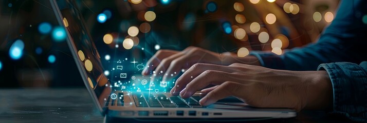 Aufkleber - A close-up of a persons hand typing on a laptop, surrounded by numerous bright lights in the background, symbolizing work on social media marketing and internet technology. Generative AI