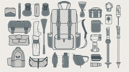 Set of camping items including a traveler's backpack with survival gear and other camping essentials, illustrated in a flat thick line and black outline style