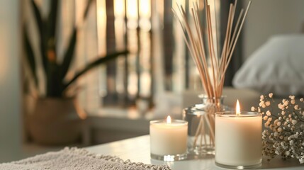 Wall Mural - Burning candles and aromatic reed freshener on table in spa salon