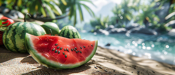 Poster - Summer Refreshment with Watermelon Slices, Juicy and Sweet Against Blue Sea Background