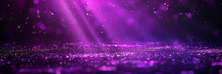 Poster - abstract purple background with  particles, glitter and bokeh lights, glowing light rays on dark background, 