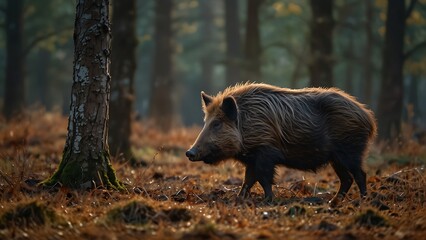Wall Mural - Image of Wild Boar Walking In Forest Background