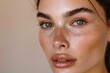 © spyrakot - Close-Up Portrait of Woman with Freckled Skin and Radiant Complexion - Beauty Skincare Concept