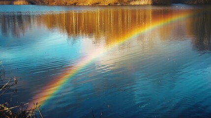 Poster - Rainbow reflected in the calm waters of a lake, enhancing the tranquility of the scene