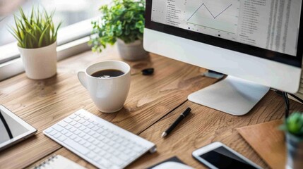 Aufkleber - Professional workspace with a desktop computer, charts, and coffee