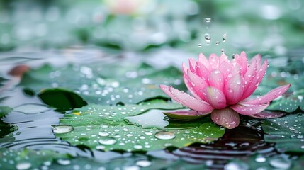 Aufkleber - Raindrops falling gently onto the vibrant pink petals of a blooming lotus in a pond