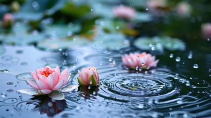 Poster - Raindrops creating mesmerizing ripples on the surface of a pond filled with lotus blooms