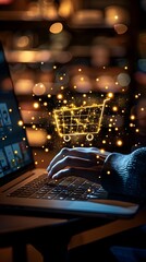 Poster - hands typing on laptop with glowing ecommerce website online business and e commerce concept