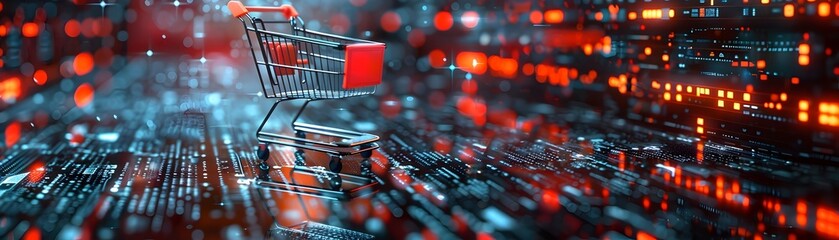 Poster - Animated Shopping Cart Traversing Dynamic Digital Landscapes of Futuristic E Commerce Ecosystem