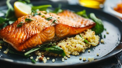 Wall Mural - Salmon steak with a crispy skin, served with a side of quinoa and greens