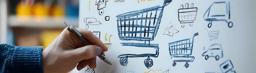 Poster - Entrepreneur Sketches E commerce Business Strategies on Whiteboard for Online Commerce Concept and Startup Planning