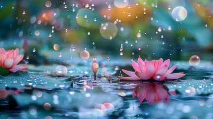 Poster - Serene image of raindrops gently falling on the surface of a tranquil lotus pond