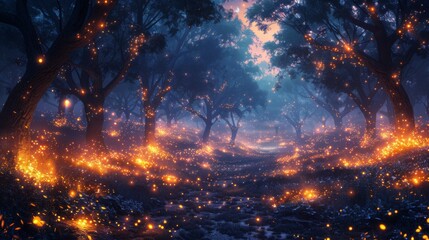 Poster - A magical scene of fireflies dancing among the trees in a moonlit forest, their bioluminescent glow creating an enchanting spectacle