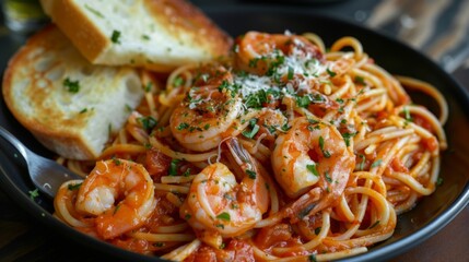 Wall Mural - Spaghetti with shrimp and a spicy tomato sauce, served with a side of garlic bread