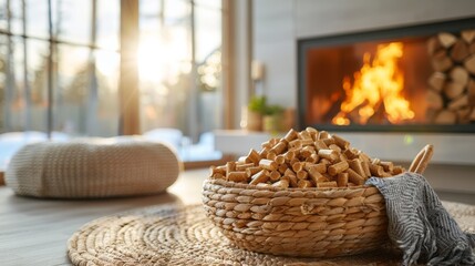 Wicker basket with wood pellets near fireplace in modern living room