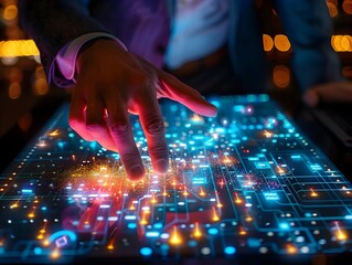 Poster - Business Consultant Analyzing Digital Matrix on Interactive Touch Table for Corporate Strategy Planning