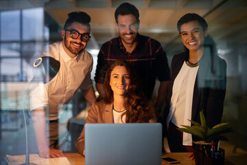 Poster - Laptop, group and portrait in night, smile and overtime for project of web designer, men and women. Startup, work and employees in collaboration, happy and online together or teamwork in office