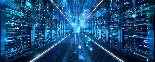 Poster - Futuristic Cloud Computing Data Center with Rows of Servers and Blue LED Lighting Technology Concept