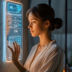 Poster - Woman Interacting with Smart Digital Mirror Displaying Real Time Data and Information