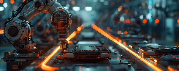 Poster - automated electronics production line with robotic arms and futuristic technology
