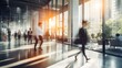 © Studicon - Blurred background of business people walking in a modern office interior. Generative AI.