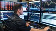 © Plaifah - Trader monitoring financial graphs on multiple screens in a busy trading floor