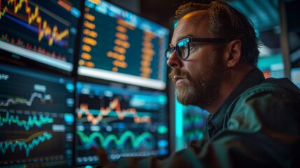 Poster - Trader monitoring gold price graphs on multiple screens in a busy trading floor