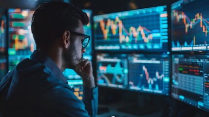 Poster - Trader monitoring gold price graphs on multiple screens in a busy trading floor