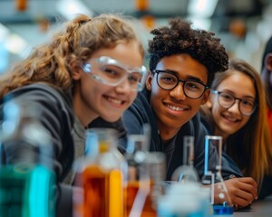 Poster - High School Students Analyzing Data from Science Experiment in Laboratory