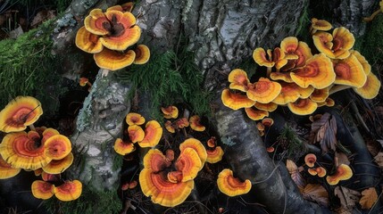 Poster - Vibrant fungi thriving on the roots of a tree, adding color to the forest floor