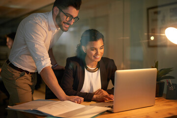Aufkleber - Laptop, man and woman in night, document and overtime for project of web designer, creativity and smile. Startup, work and employees in collaboration, happy and online together or teamwork in office