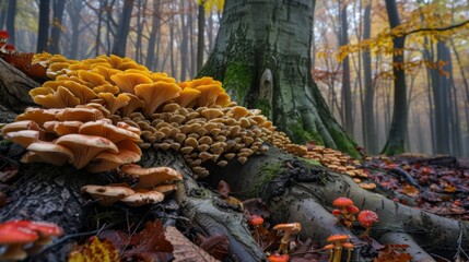 Poster - Vibrant fungi thriving on the roots of a tree, adding color to the forest floor