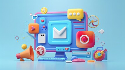 Aufkleber - A computer screen displaying numerous icons representing various applications and functions in a digital marketing 3D render illustration. Generative AI