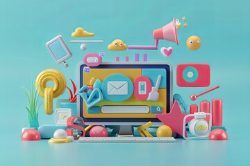 Fototapete - A digital marketing 3D render illustration showing a computer screen with various objects surrounding it, representing social media marketing, promotion, and internet advertising. Generative AI