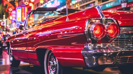 Canvas Print - a red classic car in the city at night