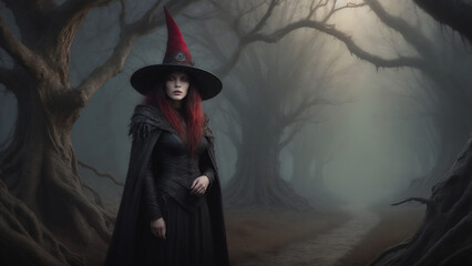 Witch. A woman with red eyes is wearing a witch costume against the background of a forest.