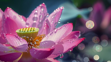 Fototapete - Water droplets creating a magical effect as they land on the vibrant petals of a lotus