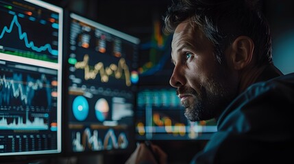 Poster - Financial Analyst Studying Market Data on Multiple Digital Displays for Strategic Investment and Business Planning