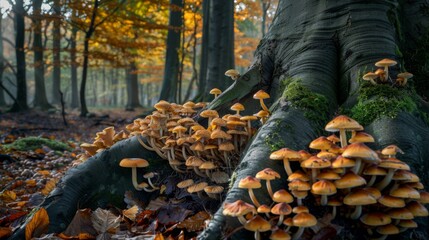Poster - Wild mushrooms flourishing on the forest floor near the base of a majestic tree