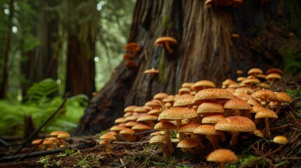 Poster - Wild mushrooms flourishing on the forest floor near the base of a majestic tree