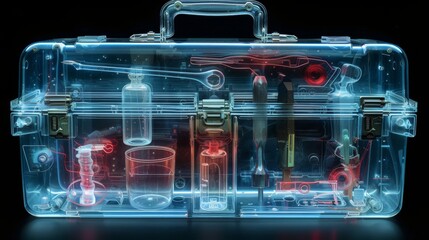 Wall Mural - X-ray scan of a toolbox, showcasing the arrangement of tools and compartments.