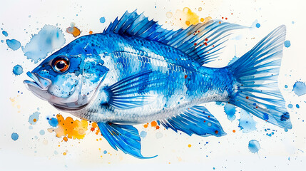 Wall Mural - Watercolor clipart of a blue fish. Marine life.