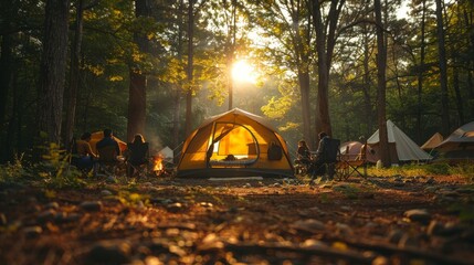 campfire, camp tents, and beautiful views surrounded by a beautiful forest landscape.